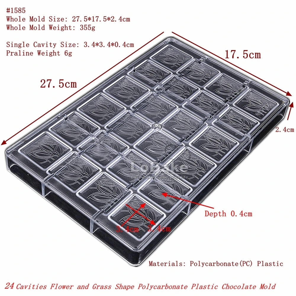 24 Cavities Thin Square Cube with Flower Grass Pattern PC Polycarbonate Chocolate Mold Ice Molds Candy Making DIY Baking Tools