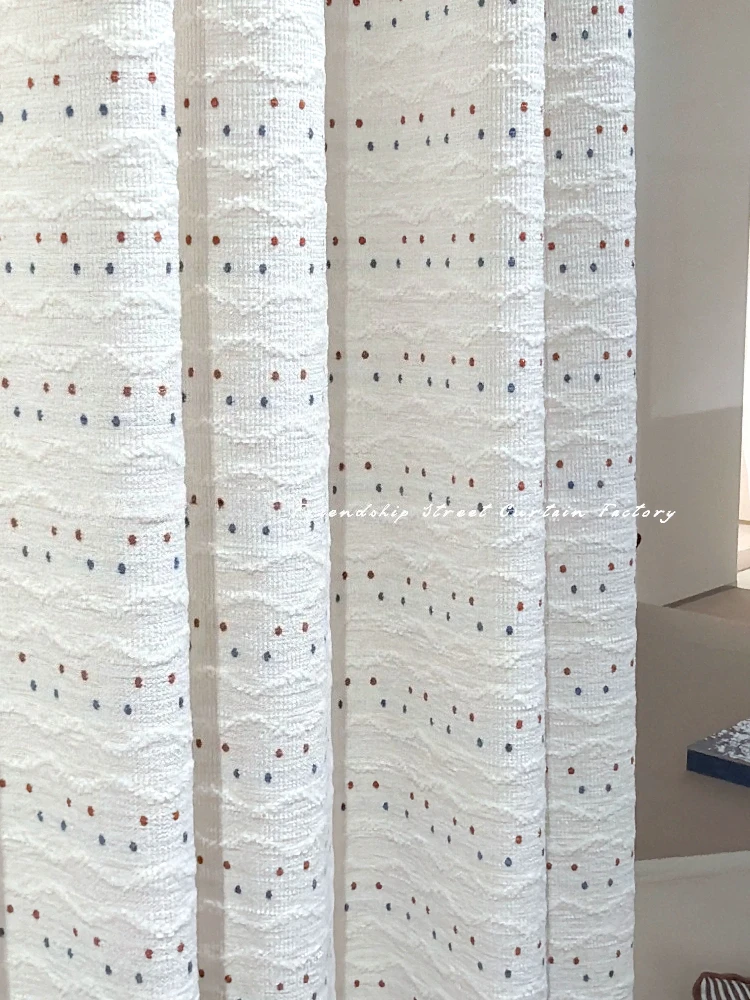 New Beige Red Blue Dot Jacquard Chenille Curtains for Living Room Bedroom French Window Customized Finished Products