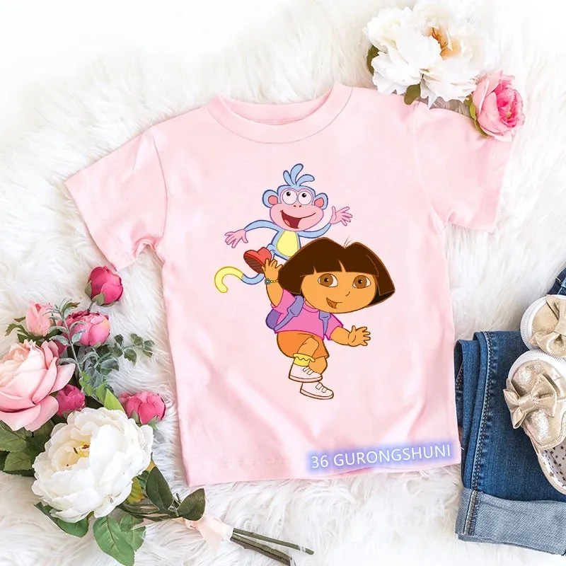 Fashion Kawaii Girls T-Shirt Dora Explorer Cartoon Print Kids Tshirt Summer Aesthetic Girls T Shirt Pink Short-Sleeved Tops