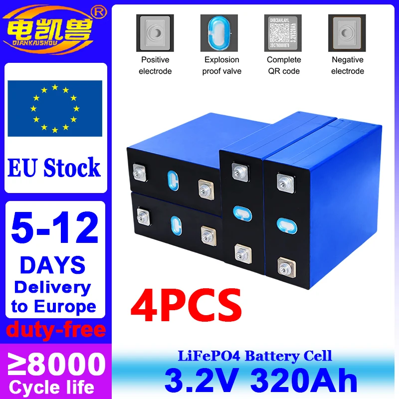 4pcs EU Stock 3.2V 320Ah Lifepo4 Battery Cell DIY 12V 24V For Ship Boat RV Power ESS Wall Power Solar Home Energy Storage System