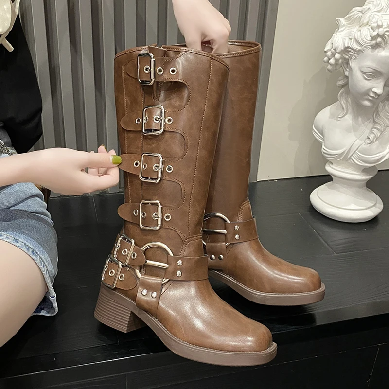 Fashion Buckle Knee High Boots for Women Winter 2023. Square Heels Western Long Boots Woman Black Pu Leather Punk Gothic Booties