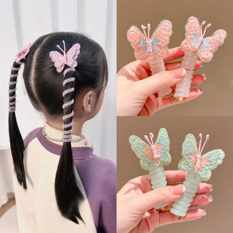

Эластичная спиральная веревка для волос с вышивкой бабочки для девочек, милый плетеный шнур для телефона «сделай сам», прямая резинка для волос, головной убор для детей