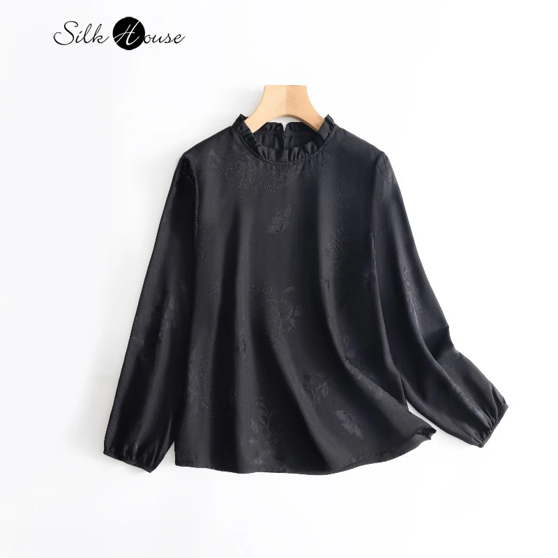 

High Cost-effective 19MM Matte 100% Natural Mulberry Silk Jacquard Satin Women's Casual Black Round Neck T-shirt