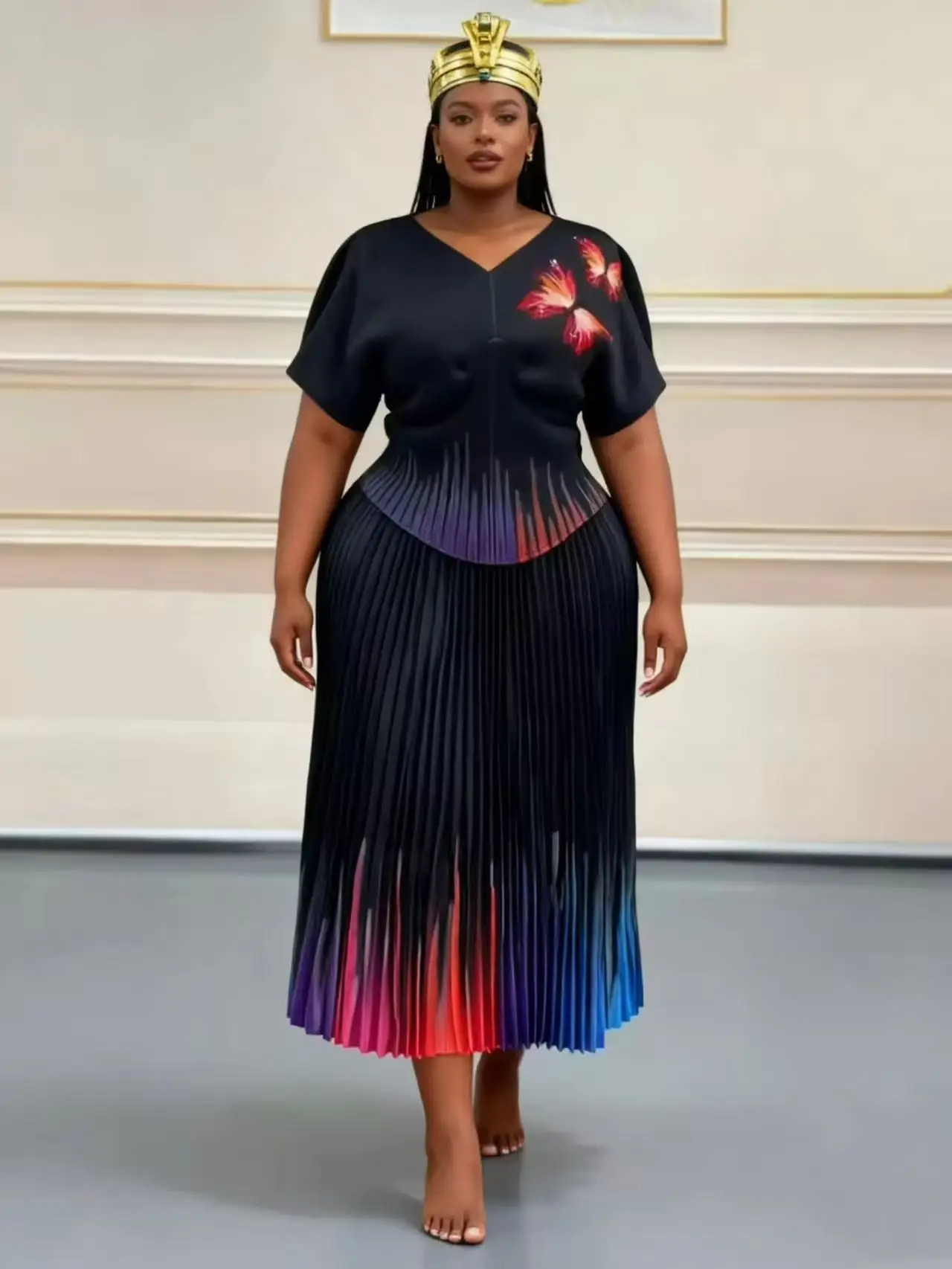 2026 New Miyake Pleated Suit V-neck Bat Sleeve Waist Top Gradual Change Long Skirt Loose Two-piece Set Women's Clothing