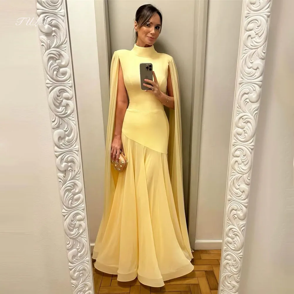 

TULX Elegant Yellow Evening Dress High Neck Cape Sleeve Party Dress Mermaid Long Formal Dress Fashion Lady Gown Customized 2026