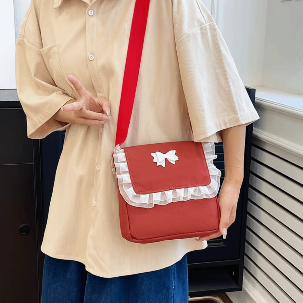 

Vintage Canvas Side Backpack Bow Decoration Large Capacity Shoulder Bags Lace Messenger Bag Outdoor Activities