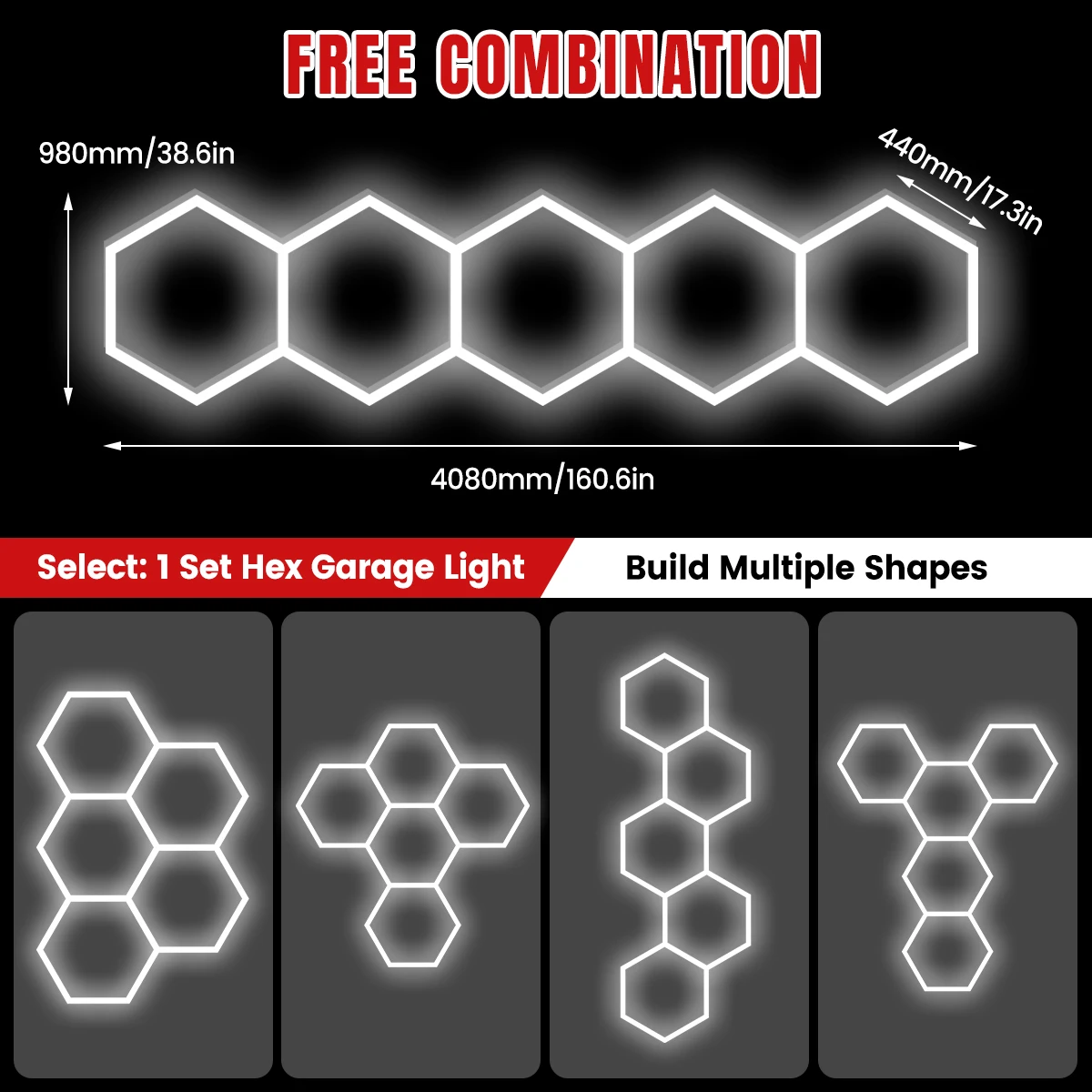 Local Warehouse: A set of honeycomb hexagonal structures with various shapes, 6500K cold white light lifting and screw installation, suitable for warehouses, 4S workshops,wash shops, and hair salons, installed on garage ceilings or walls
