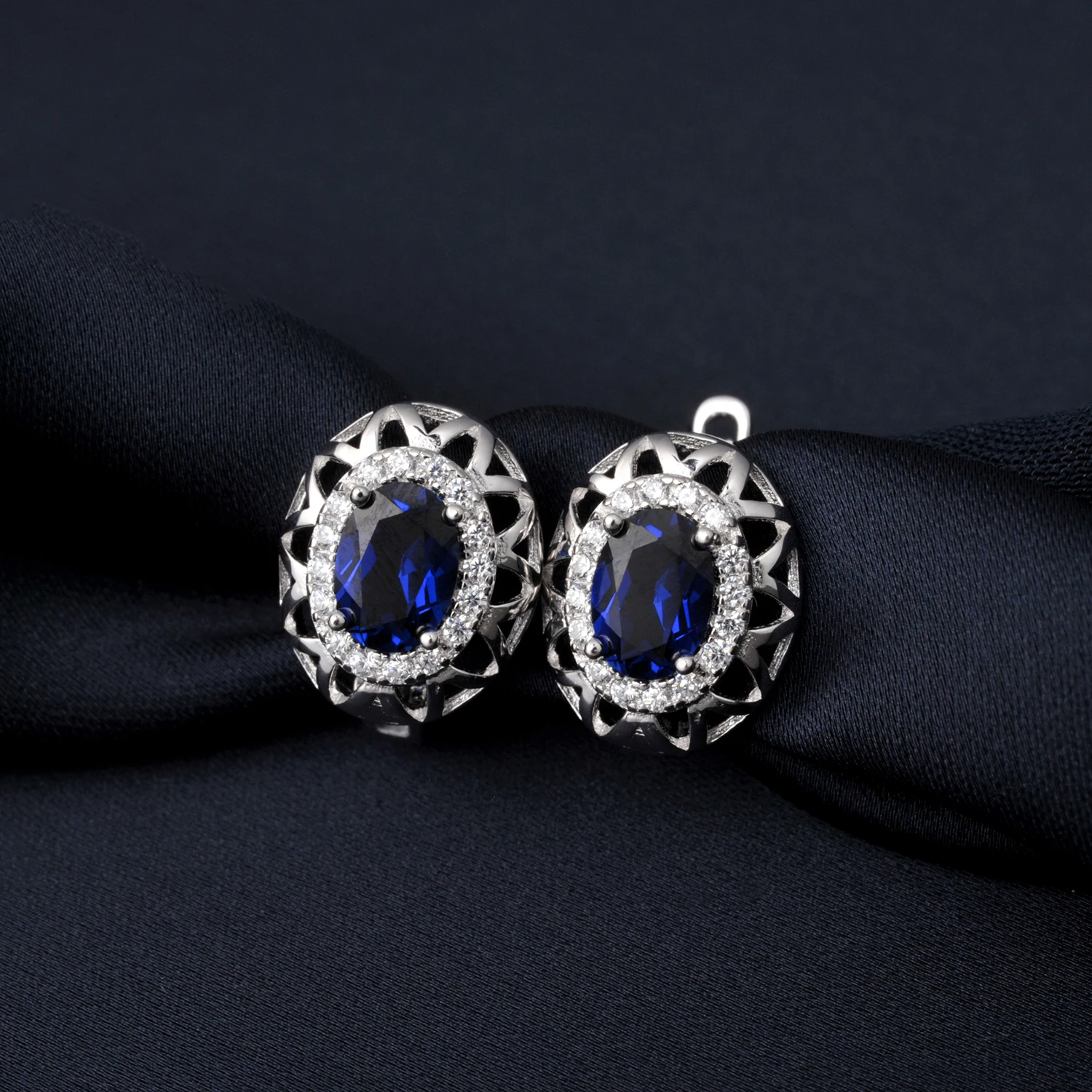 Potiy Oval Shape Total 2.15ct Created Sapphire Hoop Earrings 925 Sterling Silver for Women Daily Wedding Party Jewelry