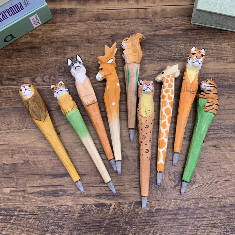 Animal Category Forest Beast Shape Craft Wood Carving Pen Handmade Solid Wood Animal Pen Novelty Stationery Cute Art Supplies