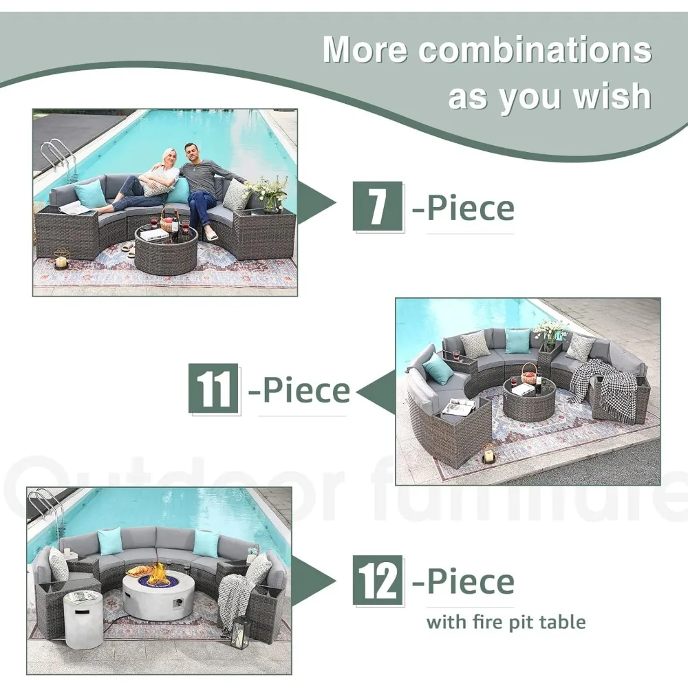 Muebles de patio de media luna de 2 piezas para exteriores, sofá curvo para exteriores, conjunto seccional de mimbre con cojines grises