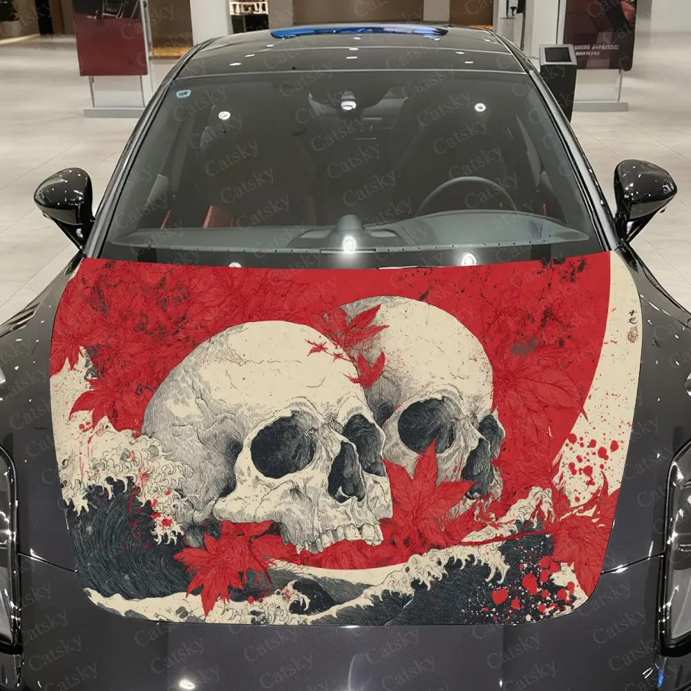 Blood Red Maple Leaf & Skeleton Car Vinyl Wrap, PVC Waterproof Car Hood Sticker, Self-Adhesive Scratch-Resistant Stickers