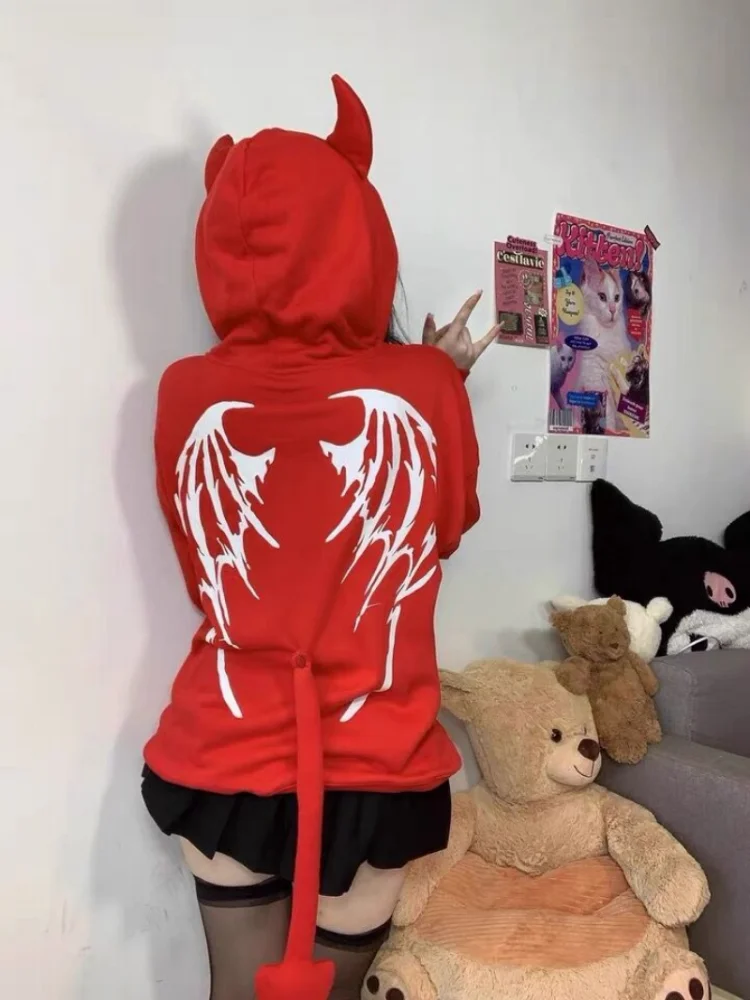 KOSAHIKI Harajuku Hoodies Women Y2k Gothic Punk Devil Hoodie Casual Kawaii Hip Hop Zipper Sweatshirt Female Jacket Coat 2024 New