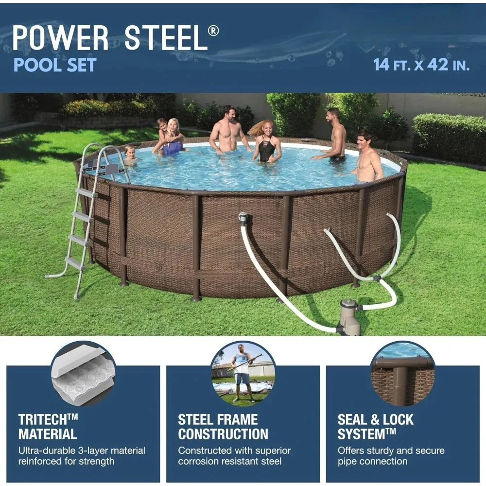 Power Steel 14’ x 42” Round Above Ground Outdoor Backyard Swimming Pool Set with 1,000 GPH Filter Pump, Ladder, and Pool Cover