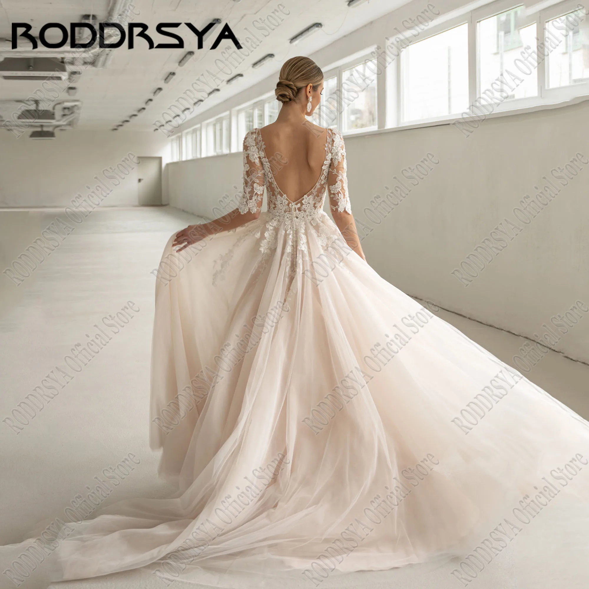 RODDRSYA Civil Half Sleeves Wedding Dress 2024 Bride V-Neck Backless Applique Vestidos De Novia Tulle A-Line Beading Sweep Train