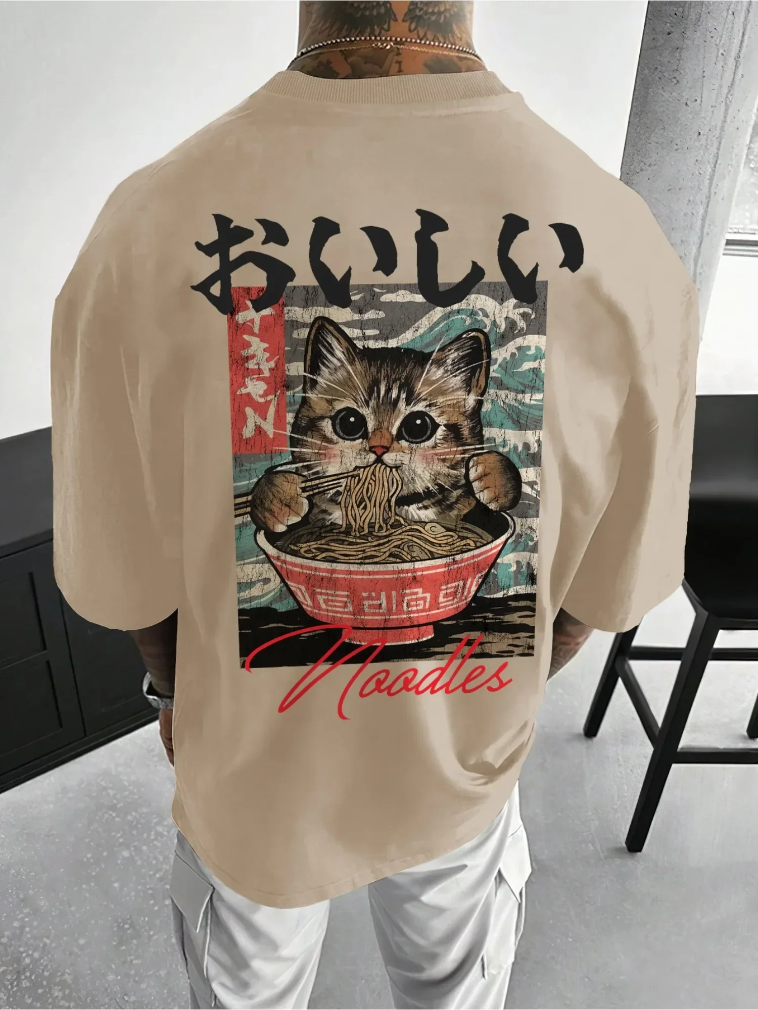 Cat Eating Ramen Noodles Graphic T-Shirt Men Women Streetwear Short Sleeve Cotton Kawaii Aesthetic Casual Tee Tops