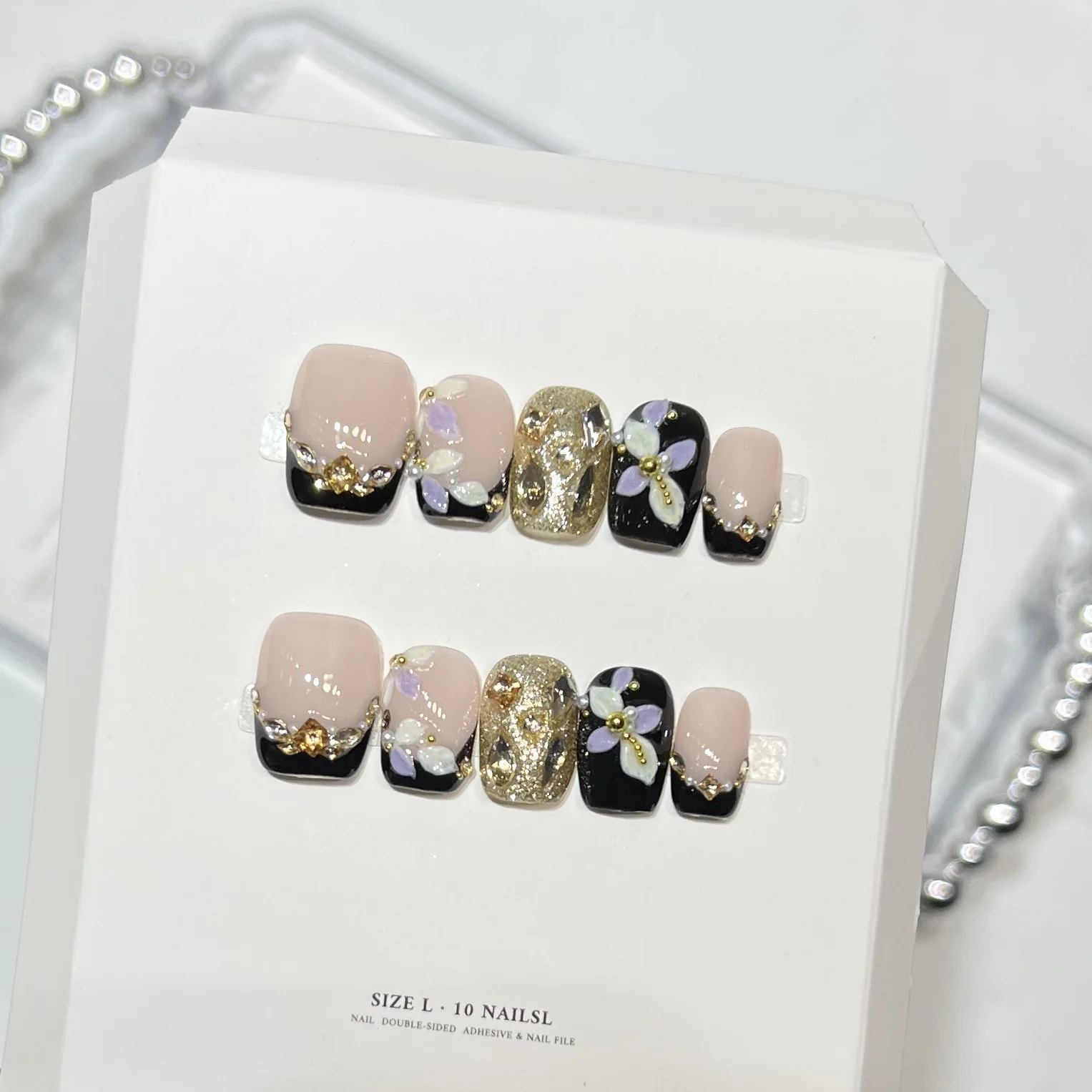 10pcs Black French Tip Gold Foil Handmade Nails 3D Flower Rhinestone Press on Nail Short Square Fake Nail for Women False Nail