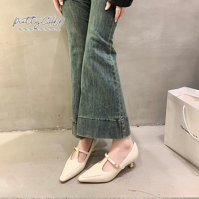 Elegant Pointed Toe Kitten Heel Mary Jane Shoes Woman Retro Stitching Details Low Heeled Pumps Ladies Office Evening Zapatos