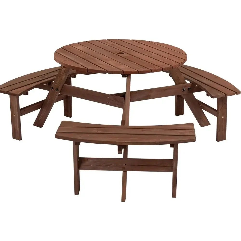 

6-Person Outdoor Circular Wooden Picnic Table, Camping Dining Table w/ 3 Built-in Benches, Outside Table Set with Umbrella Hole,