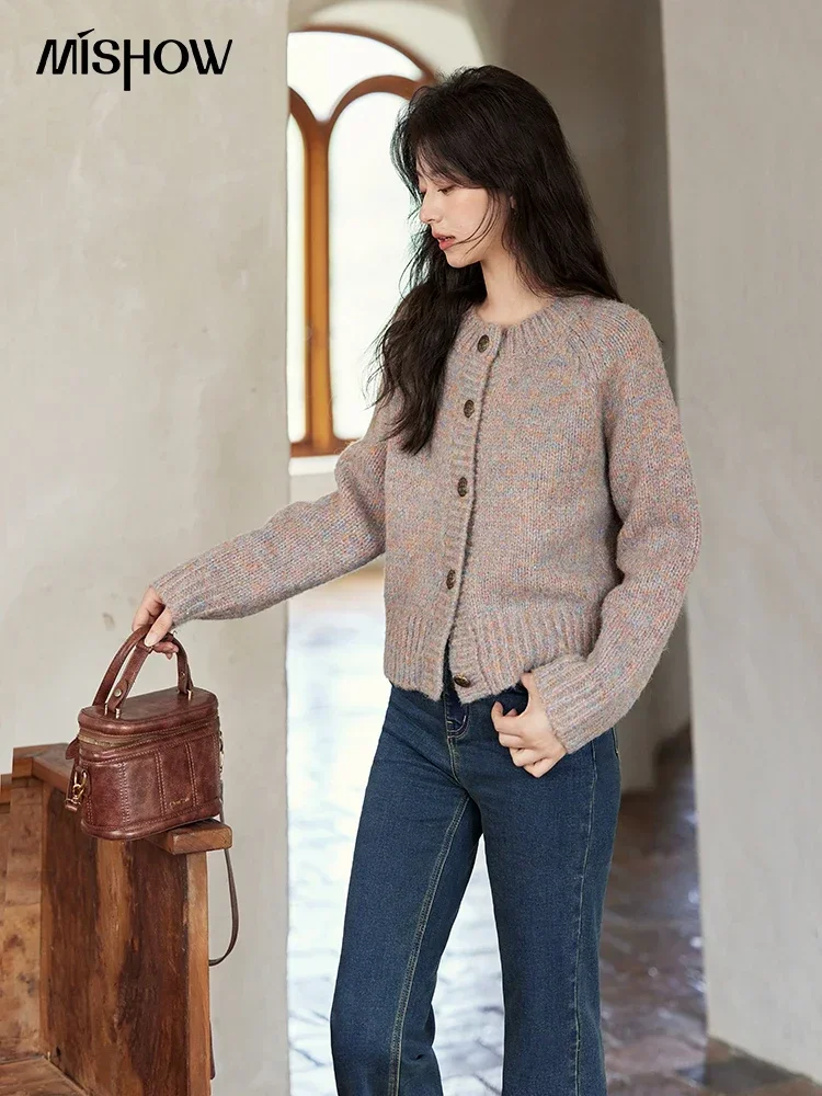 MISHOW Soft Wool Cardigan Wool Blend Winter Women O-Neck Design Warm Knitted Sweater Loose Coat Single Breasted Top MXD56Z1053