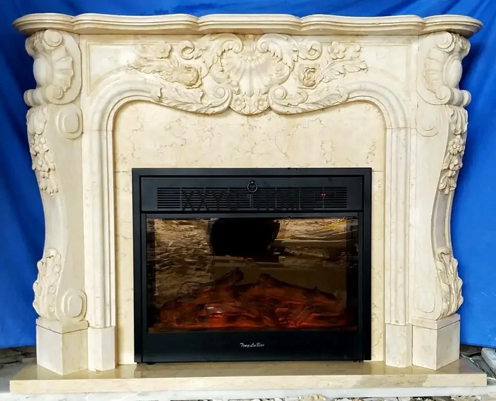 

Decorative Fireplace set European style custom made Carved Natural Stone Mantel Electric Fireplace Insert LED Optical Flame