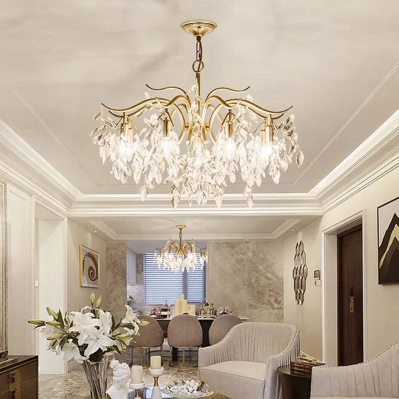 Golden luxury LED crystal chandelier hotel villa dining room living room bedroom kitchen high-end feeling branch chandelier