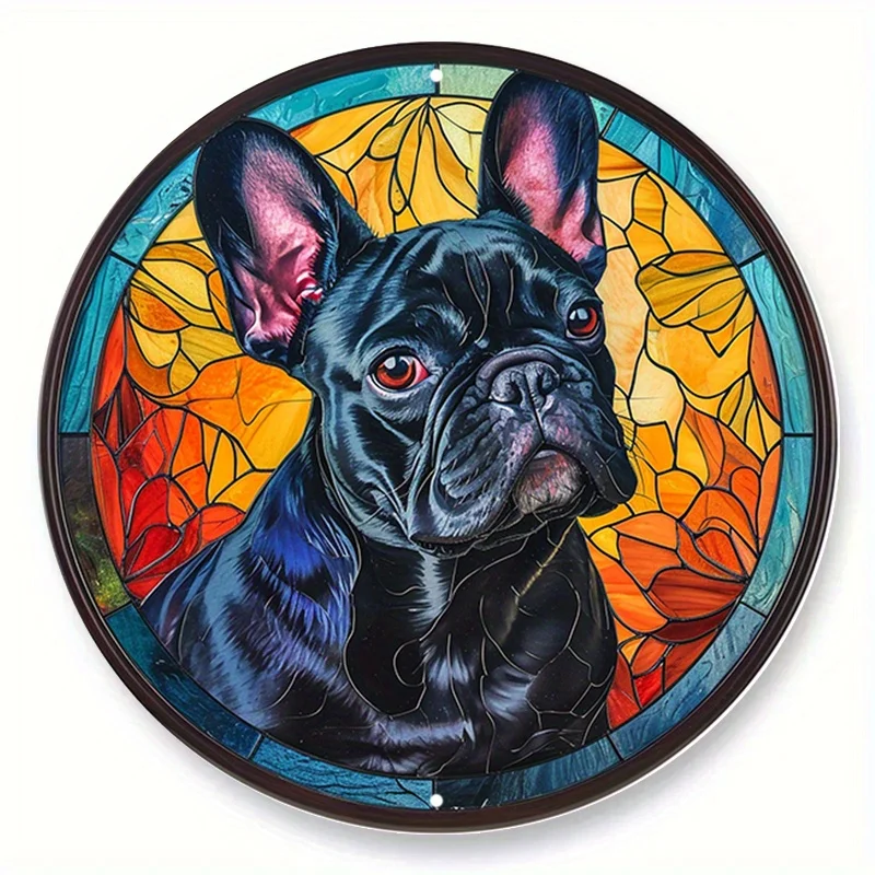 

1pc 20X20cm/8X8in Dog Round Metal Aluminum Sign, Animal French Bulldog Faux Stained Glass Wreath Sign, Round Wreath Sign