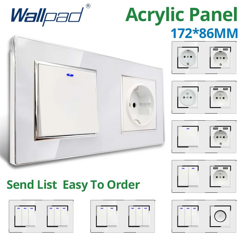 Wallpad White Acrylic Panel Wall Light Switch LED Dimmer USB Charge EU Socket Outlet  4 5 6 7 8 Gang 2 Way Reset 172*86mm