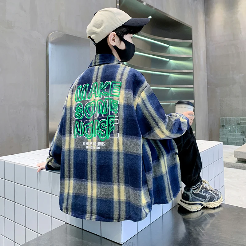 Children New Fashion Blue Plaid Shirt for Boy Casual Blouse Kids Cotton Top Spring Long Sleeve Baby Boy Clothes Outfit Age 5-14Y
