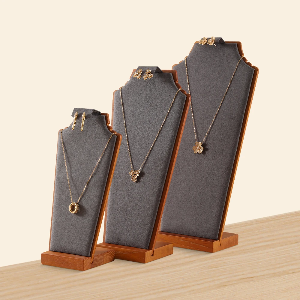 YinBeiNi Solid Wood Beige&Dark Gray Vertical Necklace Display Stand Pendant Earrings Ear stud Organizer Jewelry Display Props