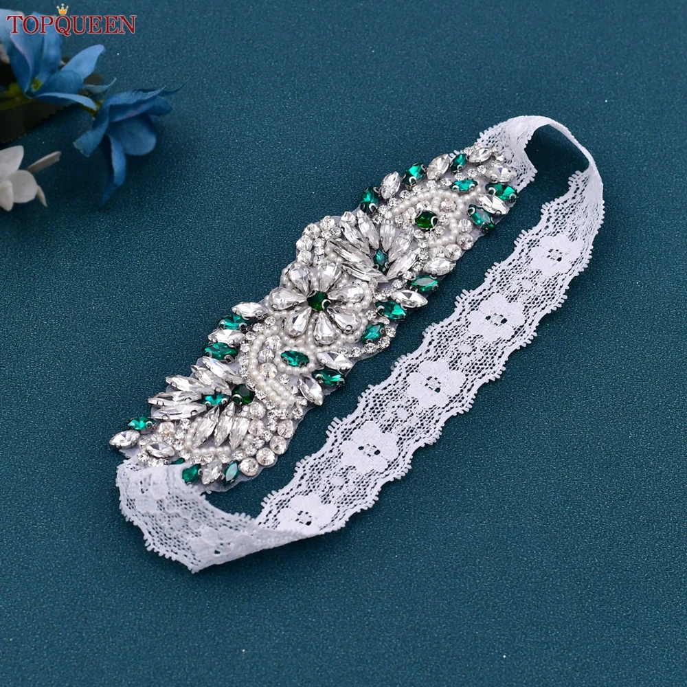 TOPQUEEN-ligas sexys para el muslo, traje de encaje con diamantes de imitación verdes, ligueros para piernas, cinta de boda, liga, porte, jartelle,