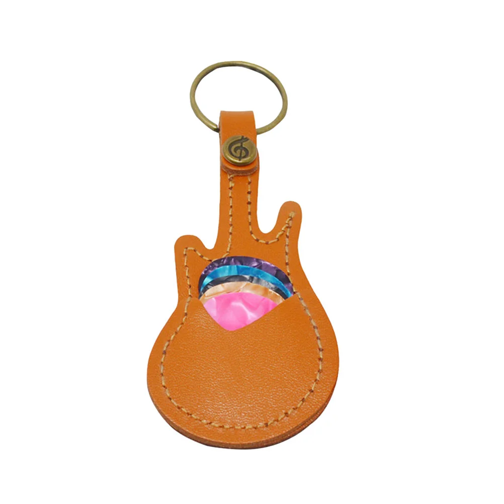 1Set Pick Holder Keychain Mini Guitar Shape Plectrum Case Bag with Guitar Picks (Khaki) guitar pick holder