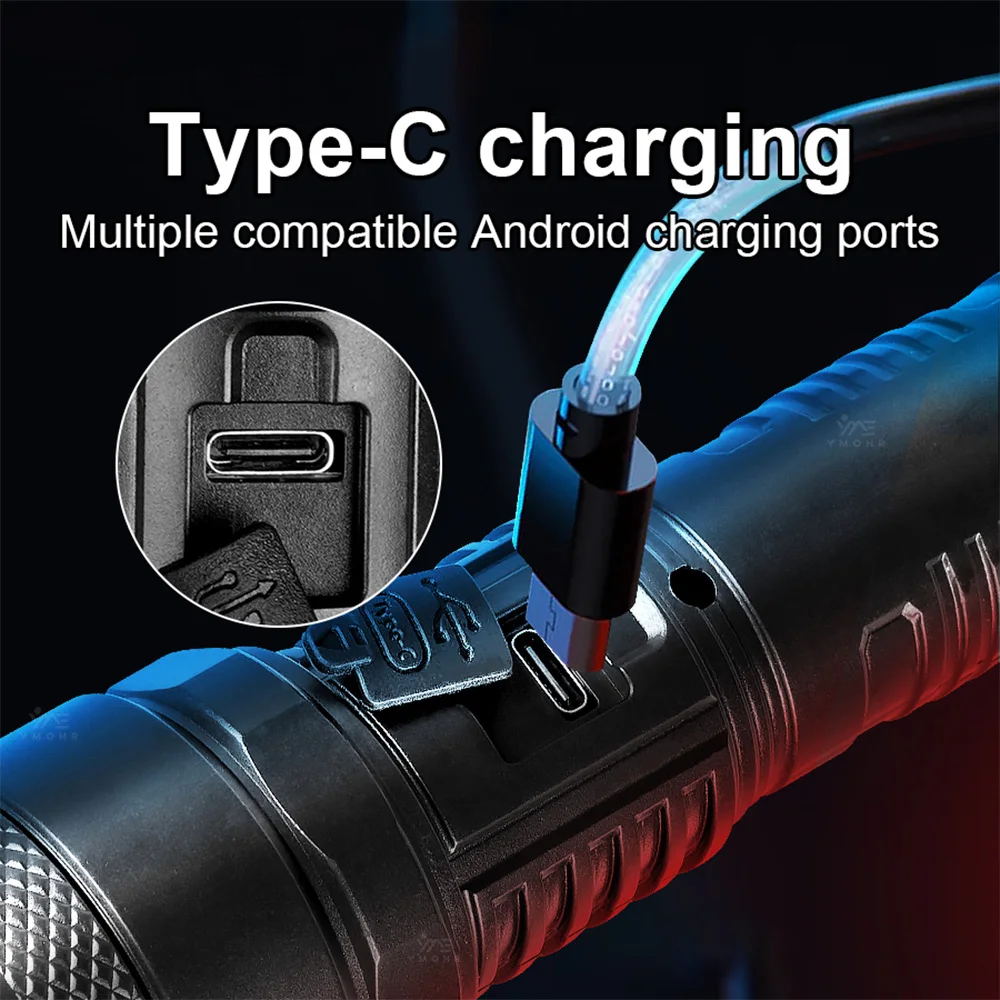 Torce a LED ad alta potenza per autodifesa Torcia ricaricabile USB di sicurezza Faretti di emergenza per esterni Torcia tattica a batteria 18650 Torcia con Modalità Strobe per Difesa, Torcia Tattica con Strobe, Torcia