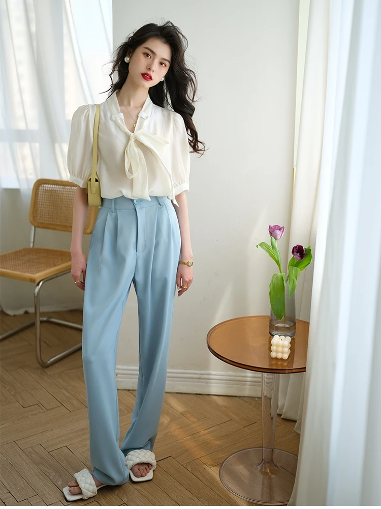 

Брюки с высокой талией, прямые, широкие, повседневные, длинные, модные, в корейском стиле, для офиса, летние, новинка