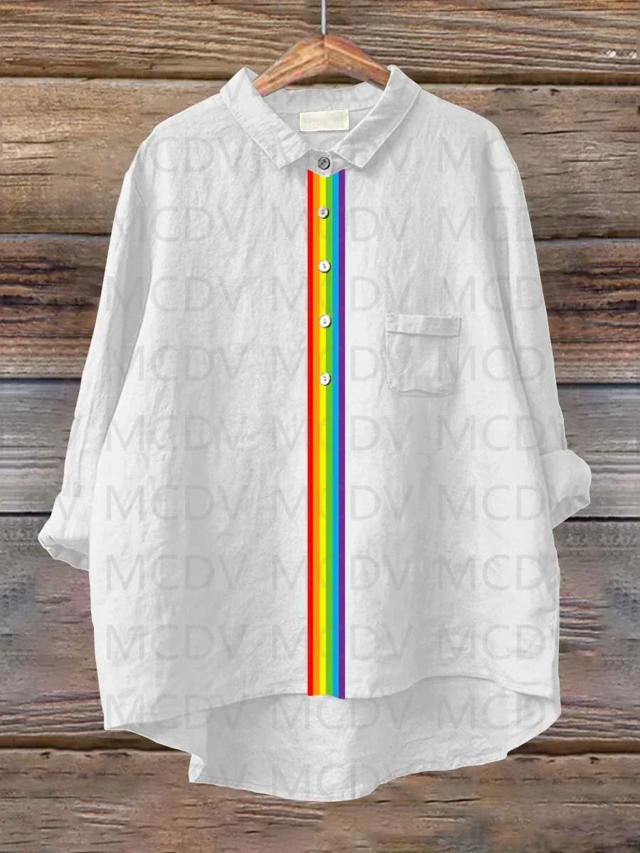 

Women's Rainbow Stripe Art Print Casual And Linen Shirt Women's Tops