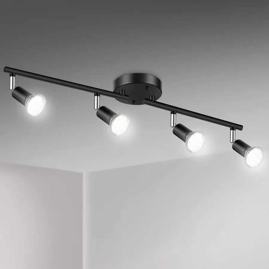 

LED 4 Light Track Lighting Kit, Black 4 Way Ceiling Spot Lighting, Flexibly Rotatable Head, Track Light Included 4 x LED GU10 Bu