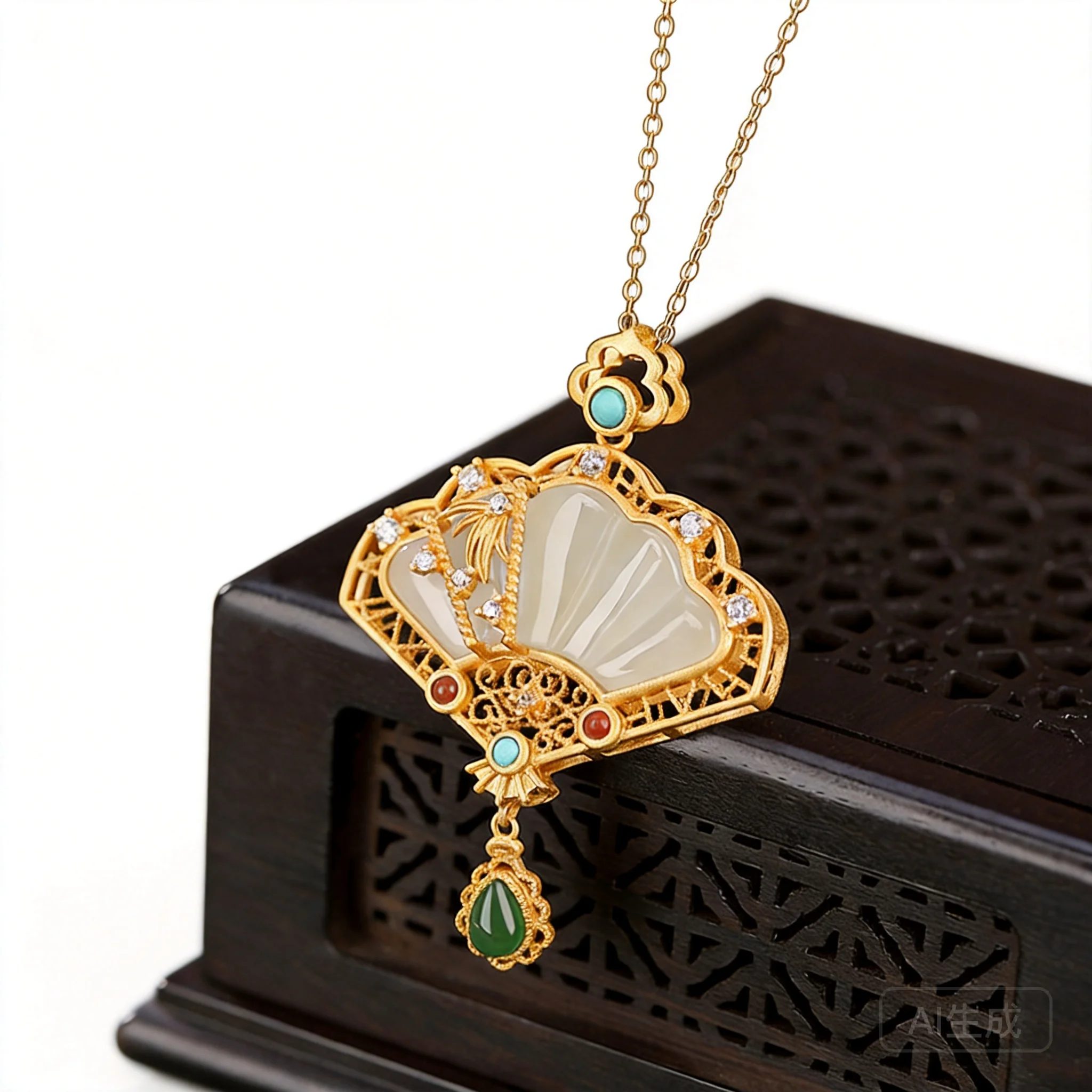 Chinese Style Auspicious Lucky White Hetian Jade Fan Shaped Pendant S925 Silver Gold Plated Vintage Hollow Wealth Blessing Elega