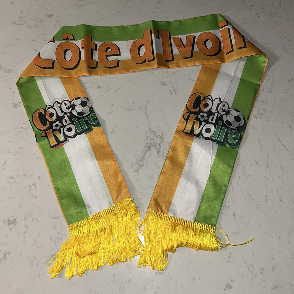 (SKY FLAG) Ivory Coast Scarf 14x135cm Double-sided Satin Côte D'Ivoire Flag Scarf Tassels for Football Cup, Sports, Events