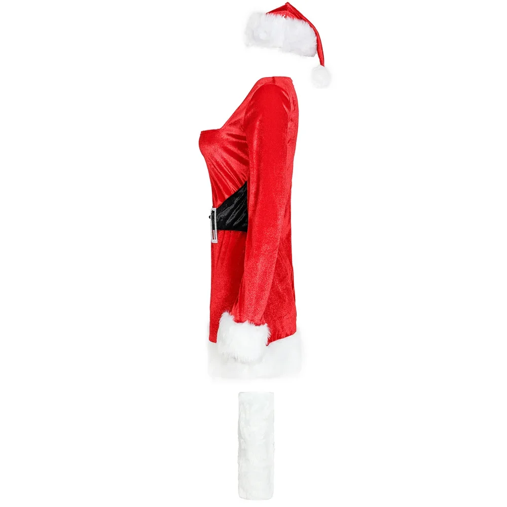 3Pcs Women Sexy Long Sleeve Red Velvet Santa Claus Mini Dress Christmas Costume Cosplay Xmas Party Suit