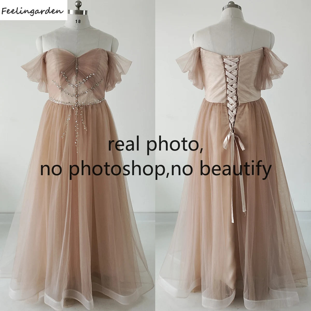 

Feelingarden Evening Dresses Real Photo Plus size Khaki Tulle Beads Off the Shoulder Floor Length A-Line Women party Formal Gown