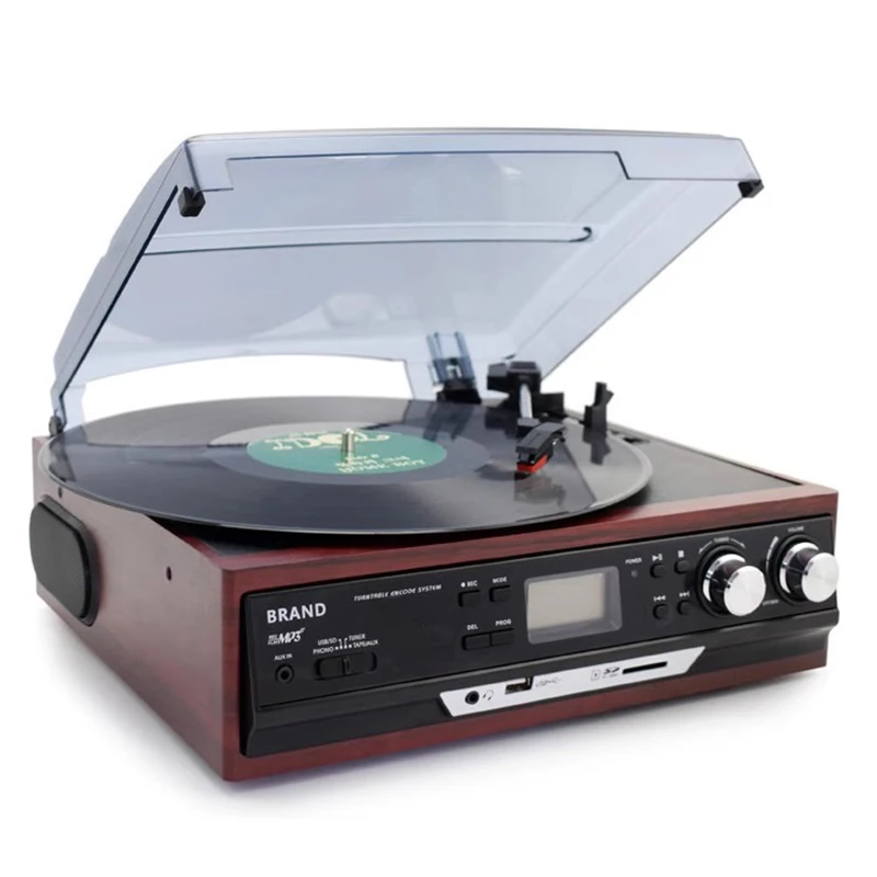 3-Speed Bluetooth Vinyl LP Record Player Turntable Built-in Speakers Gramophone AM/FM Radio Cassette USB/SD Recorder