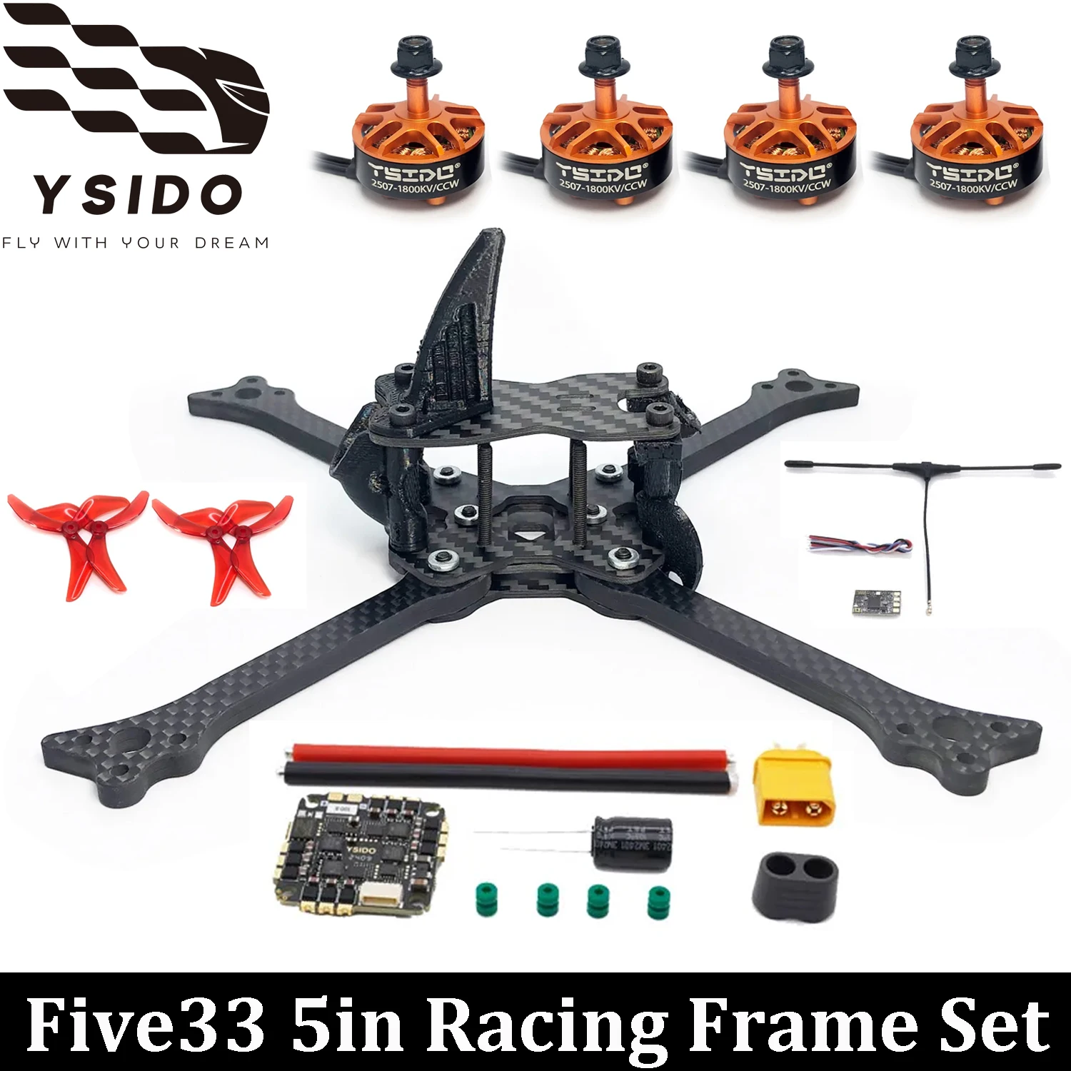 YSIDO Five33 5inch Racing Frame 2507 Motor F411 45A AIO ESC 5043 Propeller ELRS 915Mhz Receiver For RC FPV Quadcopter Drone DIY