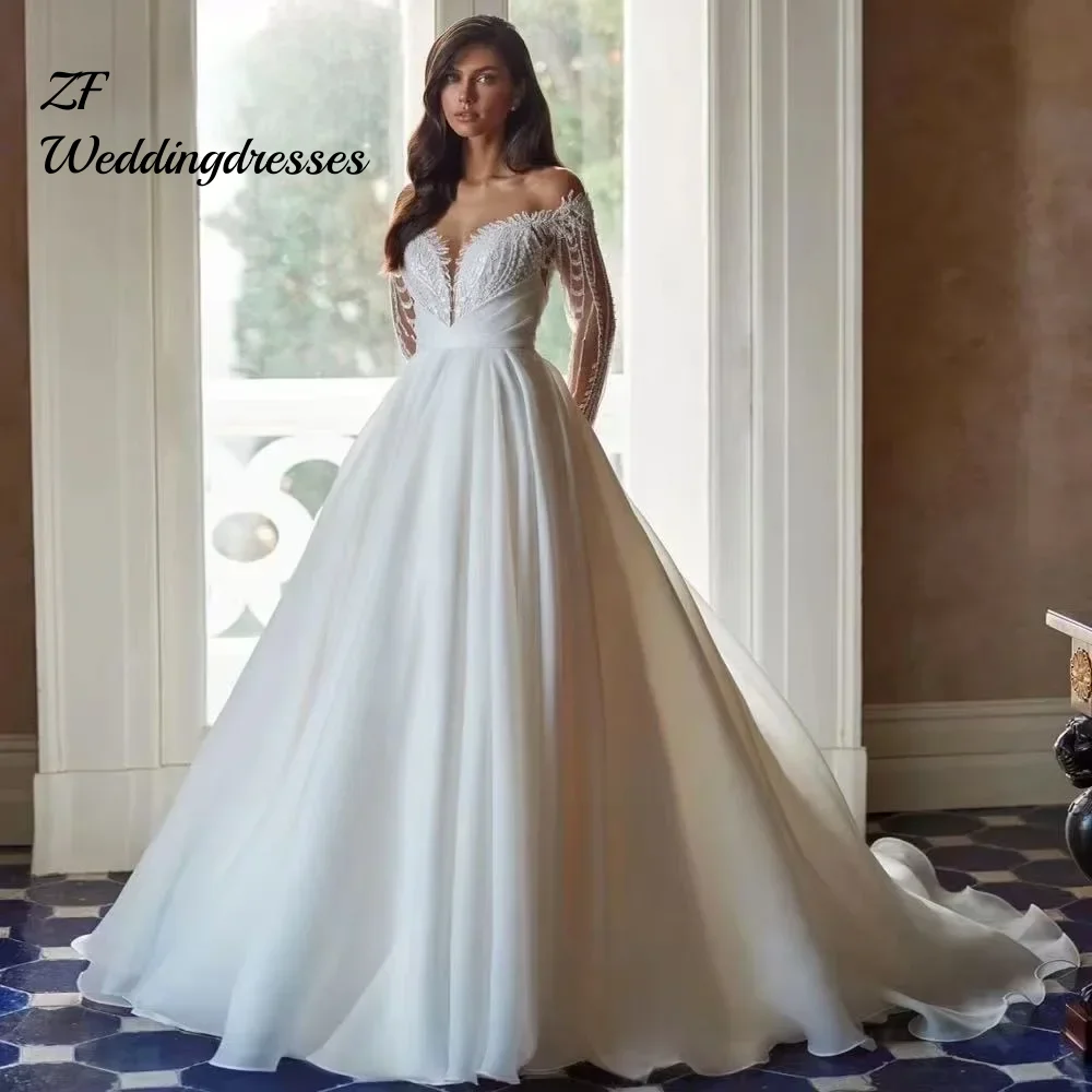 

Customized Luxury Illusion Beaded Wedding Dresses Long Sleeve Organza A Line Lace Appliques Bridal Gown vestidos de novia