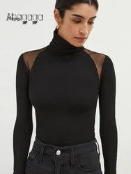 Ahagaga Fashion Sexy Patchwork Bodysuits Women Solid Full Sleeve Streetwear Regular Casual Slim Elegant Ropmers Tops Turtleneck