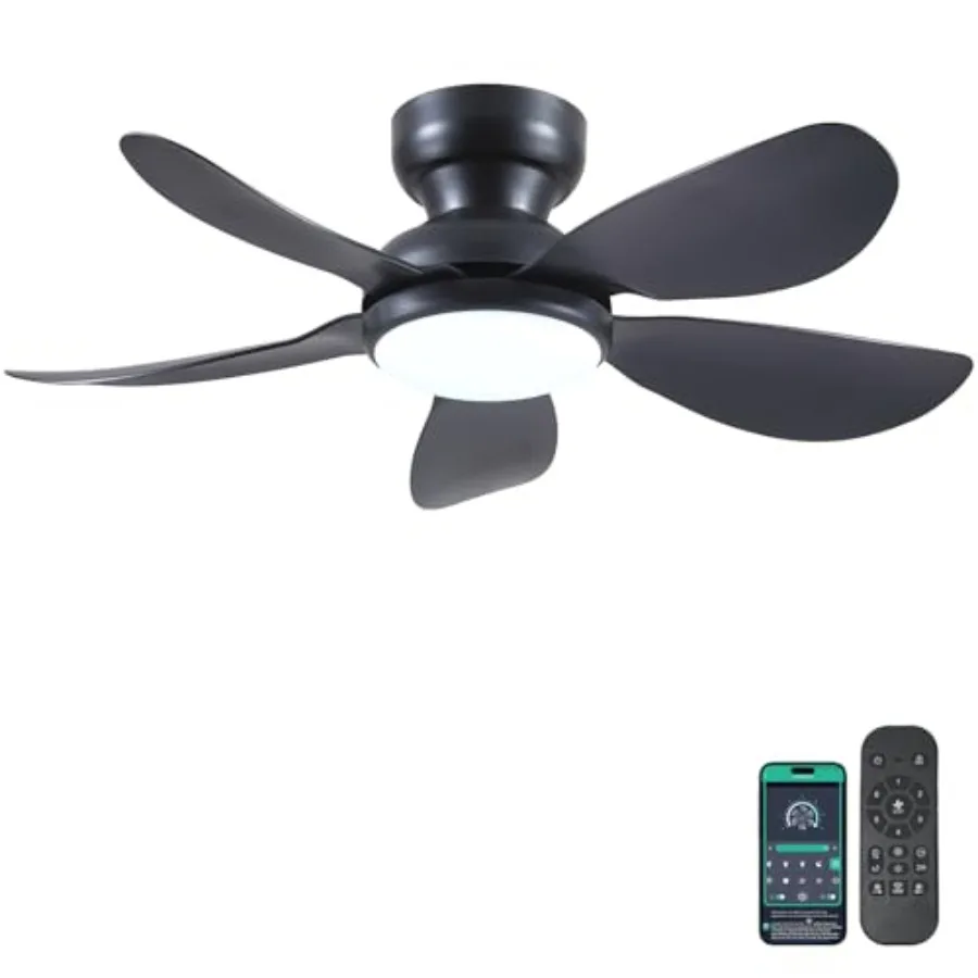 

36 Inch Modern Ceiling Fans with Lights Small Flush Mount Ceiling Fan Remote/APP Control 5 Reversible Curved Blades 6 Speeds 3