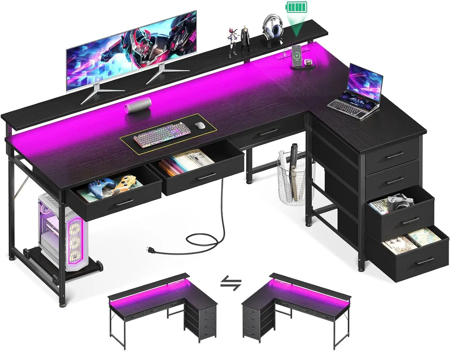 

AODK 61" L Shaped Desk with 7 File Drawers, Gaming Desk with LED Light & Power Outlet, Reversible Home Office Desk with Monitor