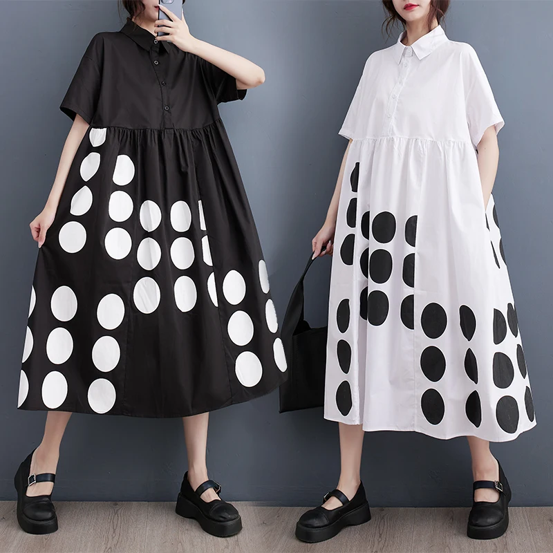 # 3857 Black White Polka Dot Printed Shirt Dress Women Polo Neck Vintage Loose A-line Midi Dress Woman Short Sleeve Summer 2024