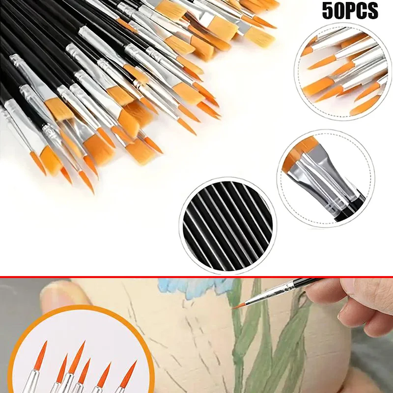 

50 шт., набор кистей для рисования, художественные заостренные плоские волосы, нейлоновая кисть для рисования волос, ручка для масла, акрила, акварели, школьные художественные принадлежности