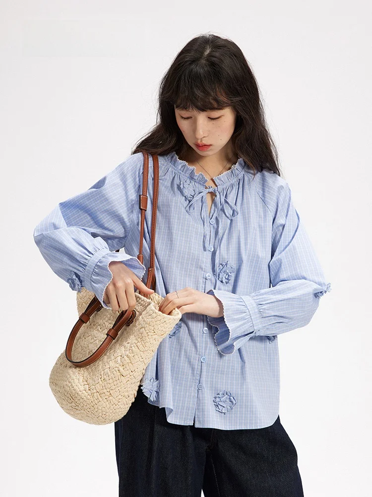 

Blue Plaid 3D Flower Long Sve irt Botanique Romantic Flowers UV Protection Cotton Blend Spring Faion Ladies' irt