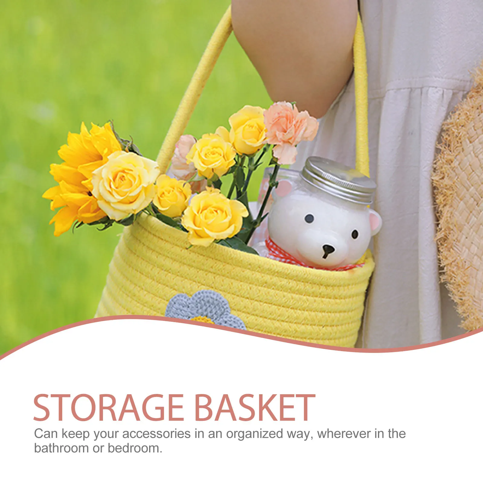 

1pc Portable Fruit Woven Rope Handheld Kids Storage Basket With Handles Outdoor Picnic Lightweight Large Opening Cute Design