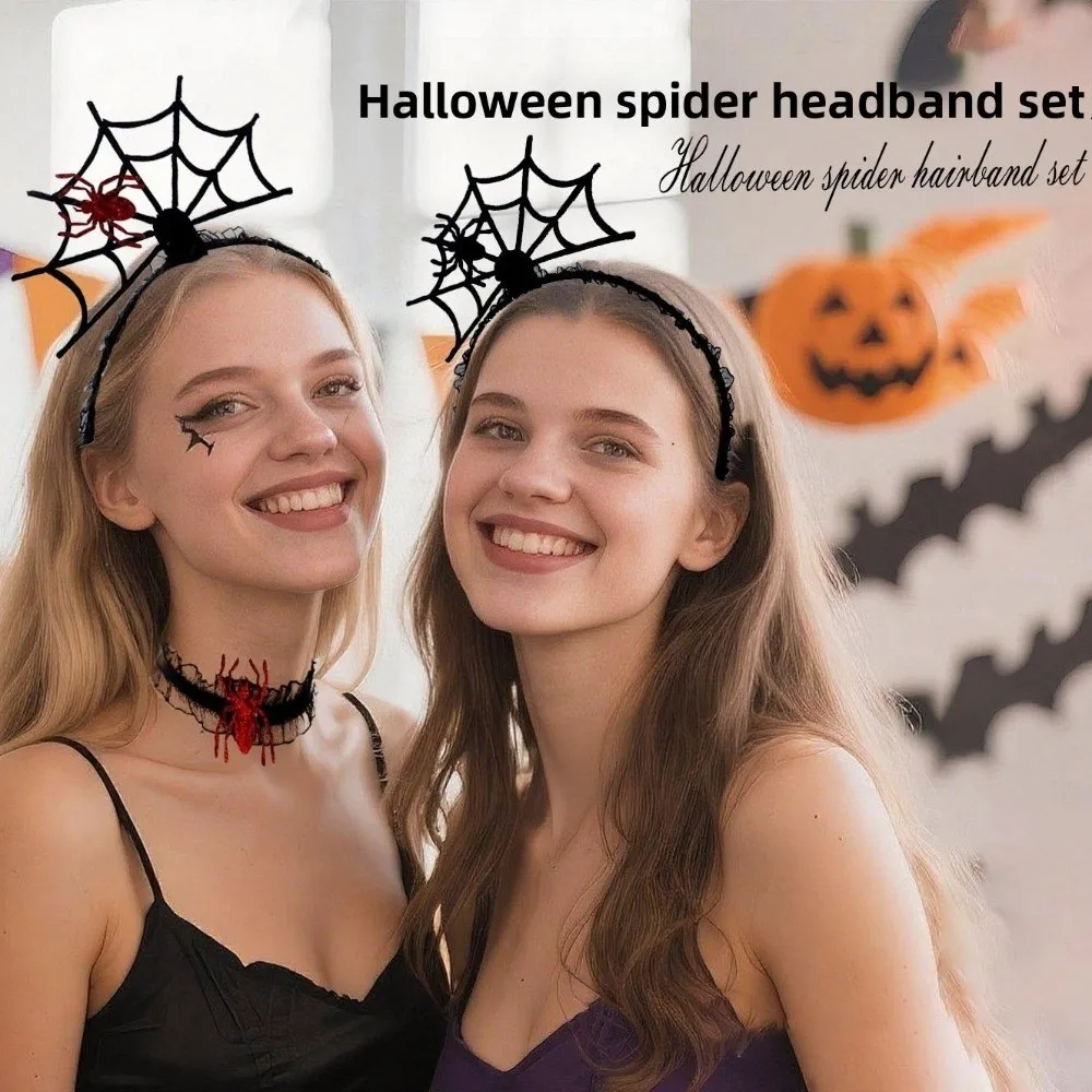 

Personality Black Halloween Headband Mesh Ruffles Hairband Necklace Set Hollow Cosplay Props Spider Web Hairband Ladies
